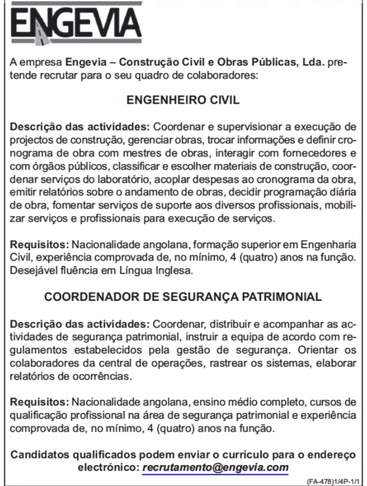 VAGA PARA ENGENHEIRO CIVIL & COORDENADOR DE SEGURANÇA PATRIMONIAL 