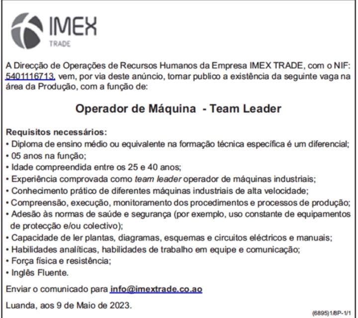 Vaga para Operador de Máquina - Team Leader 