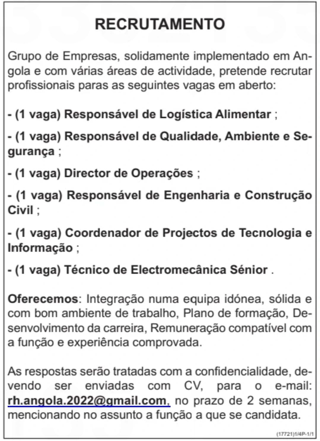 Seis (6) Vagas Disponíveis em Grupo de Empresas em Angola