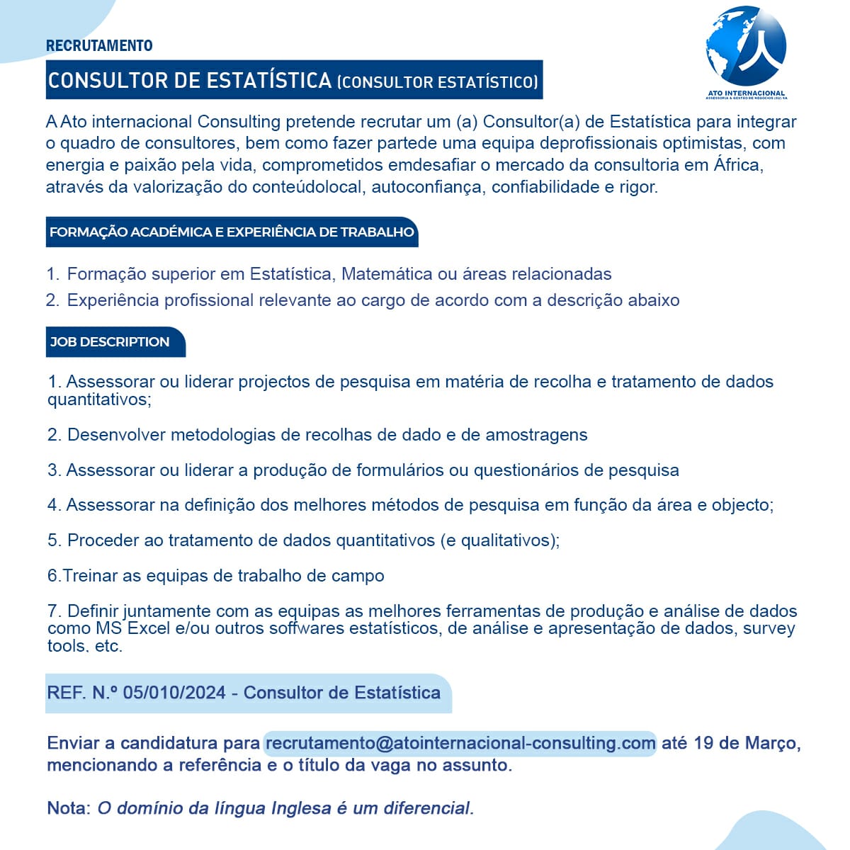 VAGA PARA CONSULTOR DE ESTATÍSTICA 
