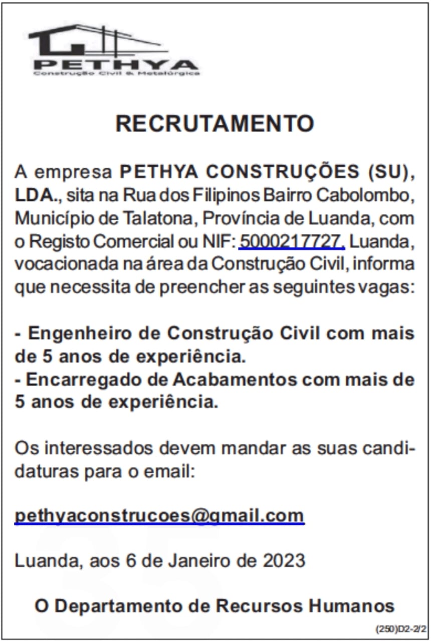 OPORTUNIDADE PARA ENGENHEIRO DE CONSTRUÇÃO CIVIL & ENCARREGADO DE ACABAMENTO
