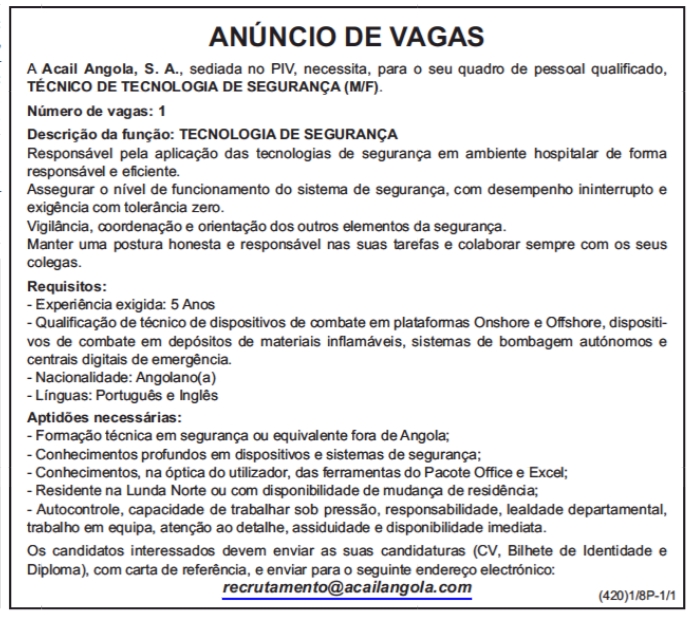 VAGA PARA TÉCNICO DE TECNOLOGIA DE SEGURANÇA (M/F) 