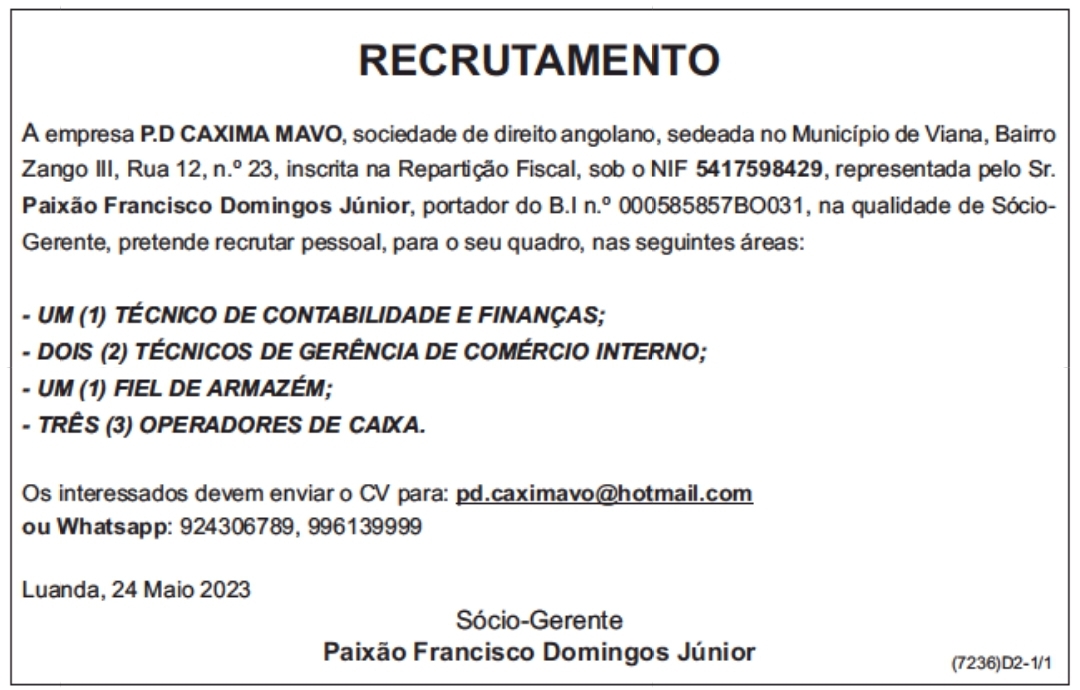 SETE (7) VAGAS NA P.D CAXIMA MAVO (Operador de Caixa, Fiel de Armazém e outros)