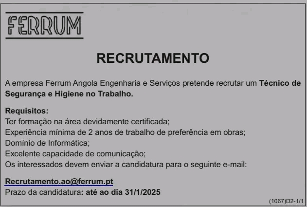 Vaga para Técnico de Segurança e Higiene no Trabalho