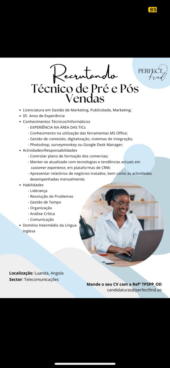 Vaga para Técnico de Pré e Pós Vendas 
