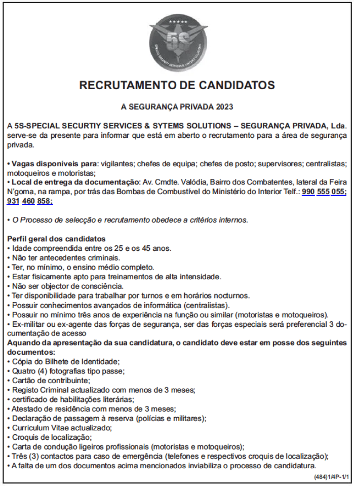 VAGAS PARA VIGILANTES, CHEFES DE EQUIPA, CHEFES DE POSTO, SUPERVISORES, CENTRALISTAS, MOTOQUEIROS E MOTORISTAS (RECRUTAMENTO 2023)