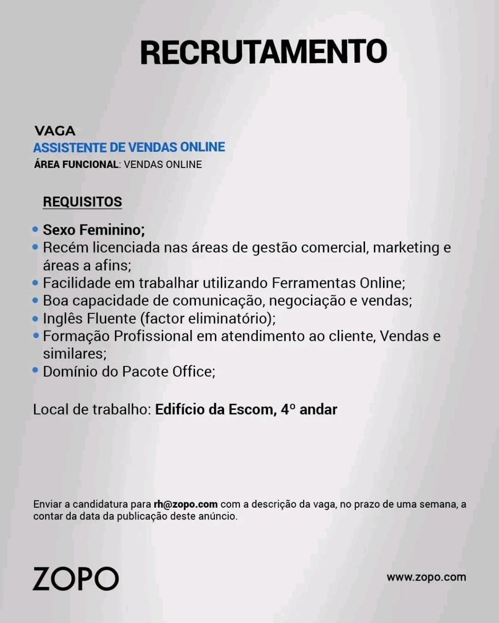 Vaga para  Assistente de Vendas Online