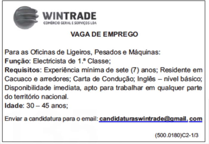 Recrutamento para Eletricista de Primeira Classe