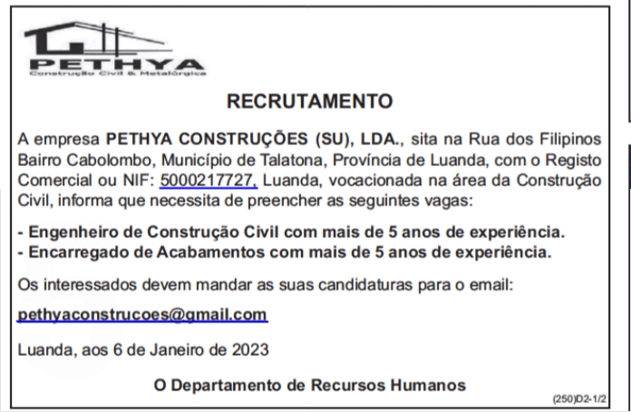 Vagas disponíveis para Engenheiro de Construção Cívil & Encarregado de Acabamentos