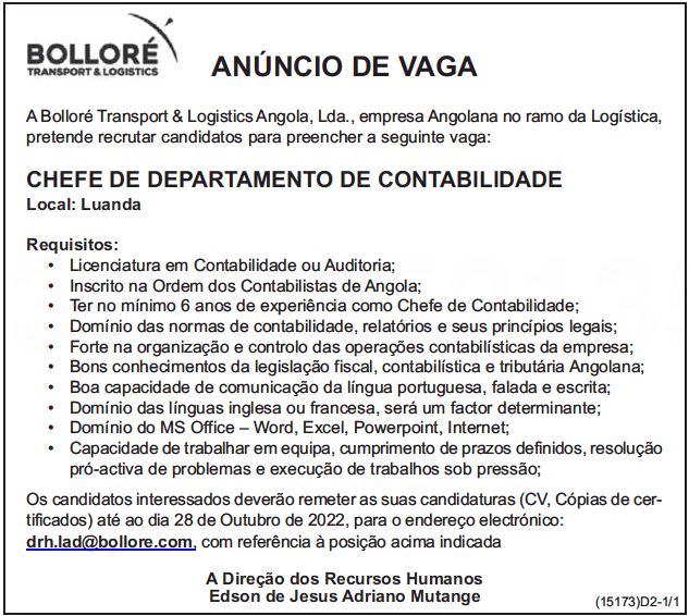 VAGA PARA CHEFE DE DEPARTAMENTO DE CONTABILIDADE