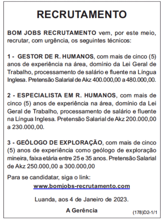 OPORTUNIDADE PARA GESTOR DE R. HUMANOS, ESPECIALISTA EM R. HUMANOS & GEÓLOGO DE EXPLORAÇÃO