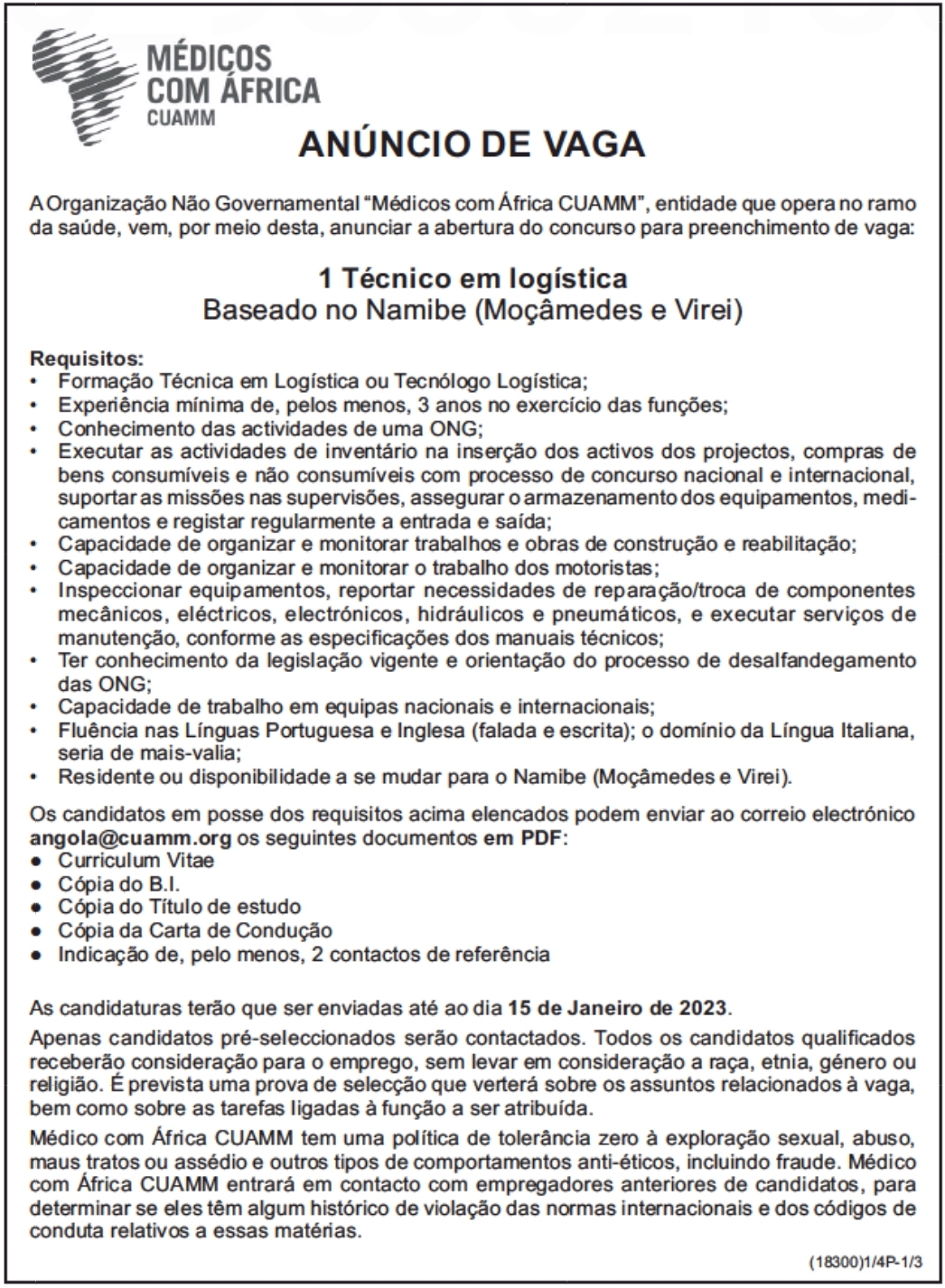 PRECISA-SE DE (1) TÉCNICO EM LOGÍSTICA