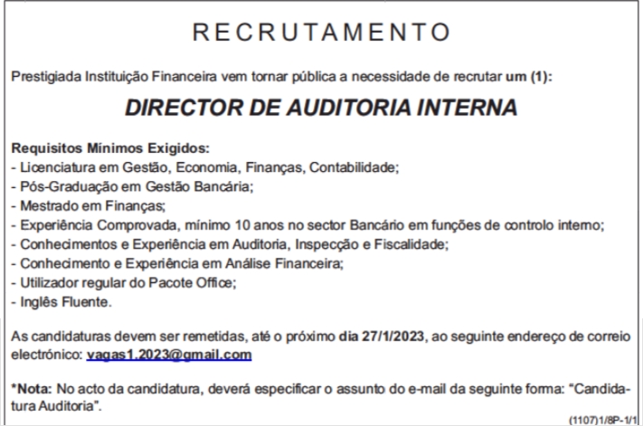 VAGA PARA UM (1) DIRECTOR DE AUDITORIA INTERNA 