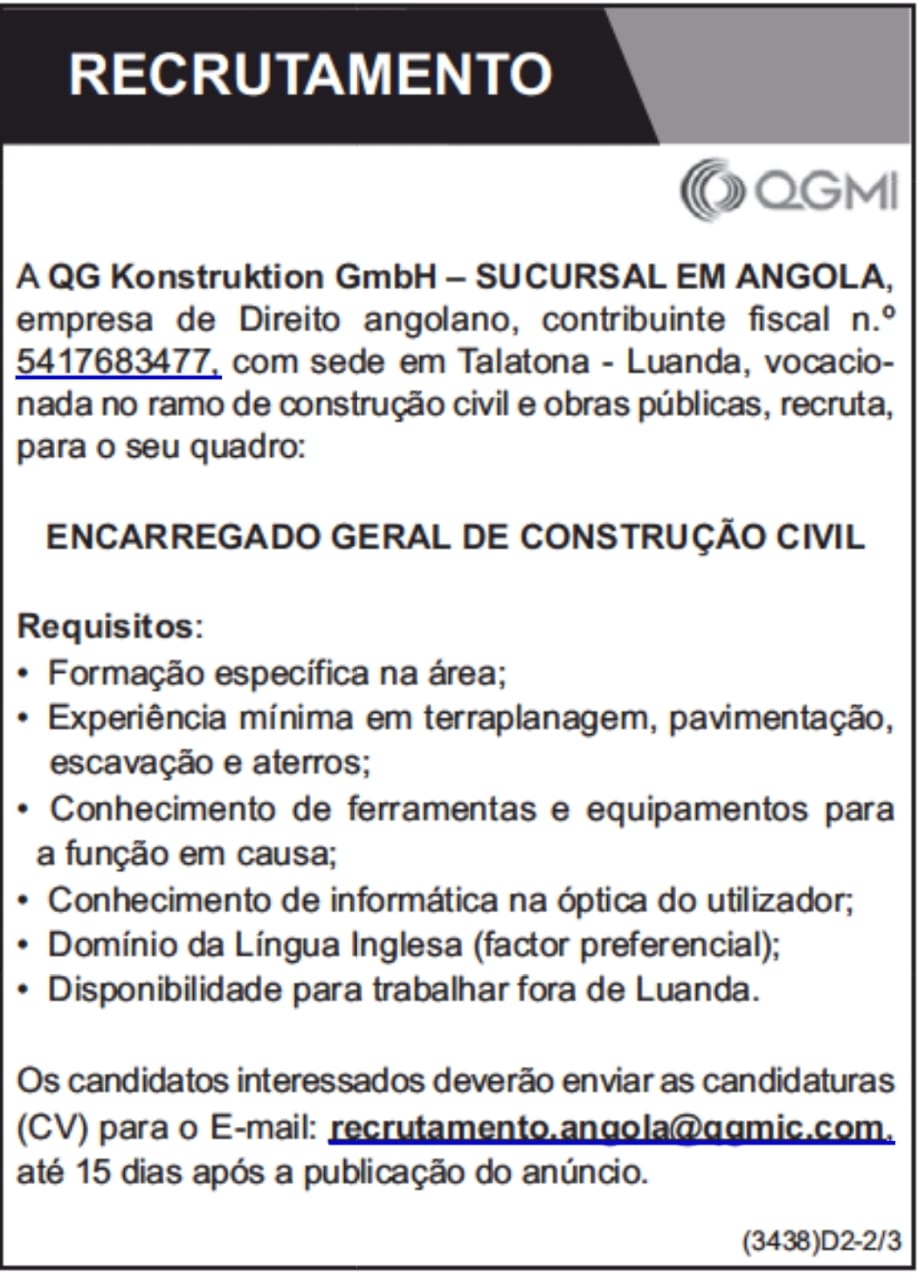 VAGA PARA ENCARREGADO GERAL DE CONSTRUÇAO CIVIL 