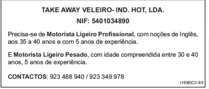 Precisa-se de Motorista Ligeiro Profissional & Motorista Ligeiro Pesado