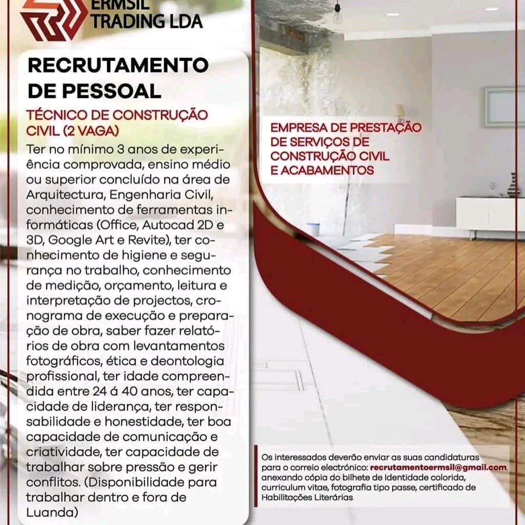 DUAS (2) VAGAS DISPONÍVEIS PARA TÉCNICO DE CONSTRUÇÃO CIVIL 