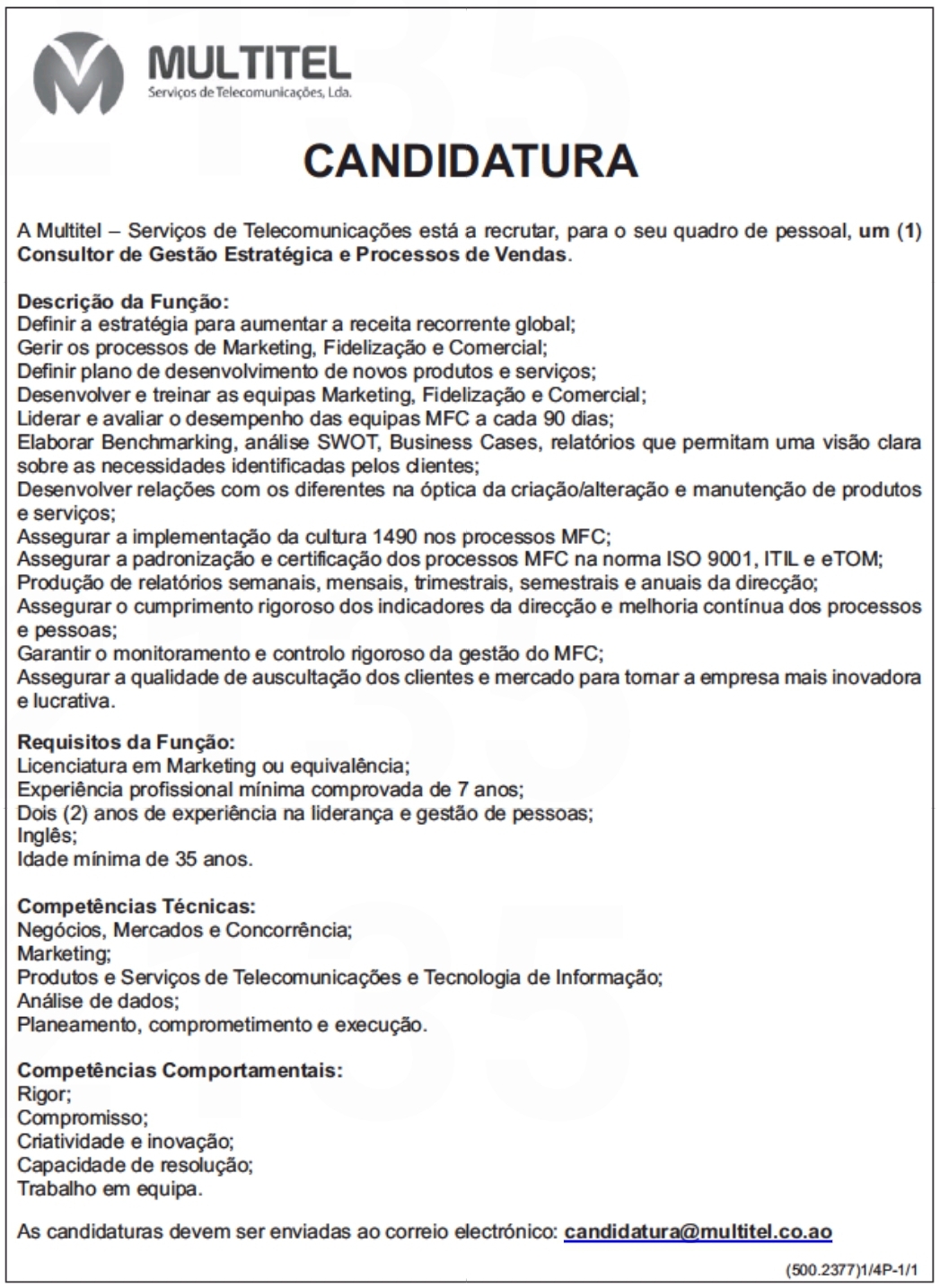 Vaga para um (1) Consultor de Gestão Estratégica e Processos de Vendas