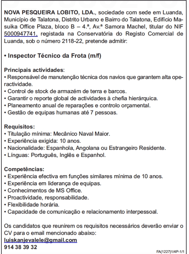Vaga para Inspector Técnico da Frota (m/f) 