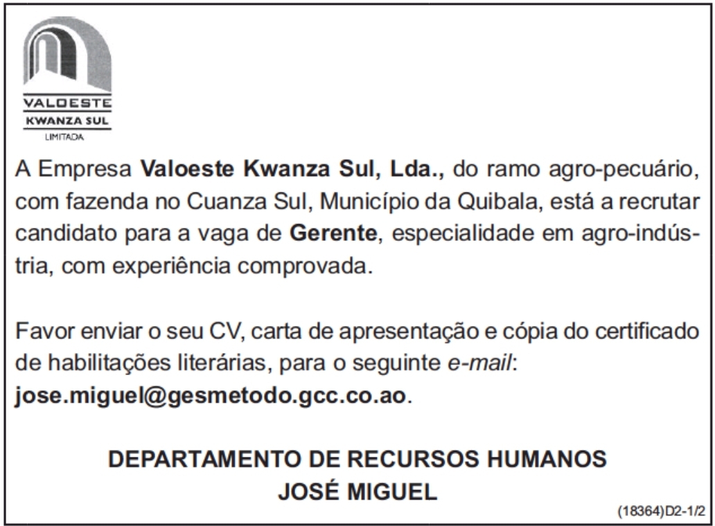 VAGA PARA O CARGO DE GERENTE 