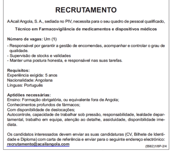 Vaga para um(1) Técnico em Farmacovigiláncia de medicamentos e dispositivos médicos 