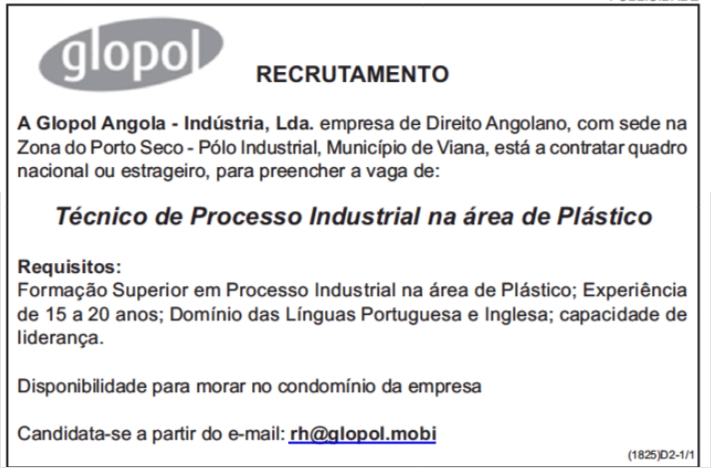 Vaga para Técnico de Processo Industrial na área de Plástico 