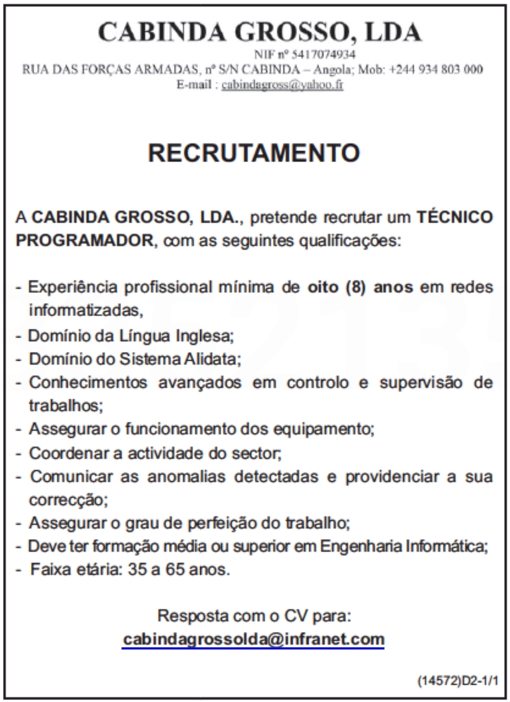 VAGA PARA TÉCNICO PROGRAMADOR 