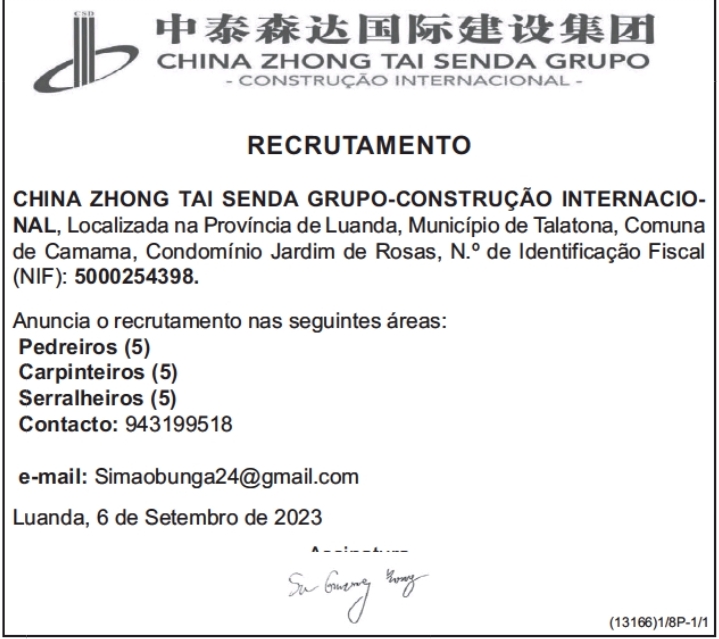 ABERTAS QUINZE(15) VAGAS NA CHINA ZHONG TAI SENDA GRUPO