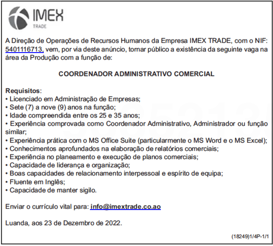 VAGA PARA COORDENADOR ADMINISTRATIVO COMERCIAL 