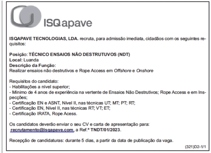 VAGA PARA TÉCNICO ENSAIOS NÃO DESTRUTUVOS (NDT) 