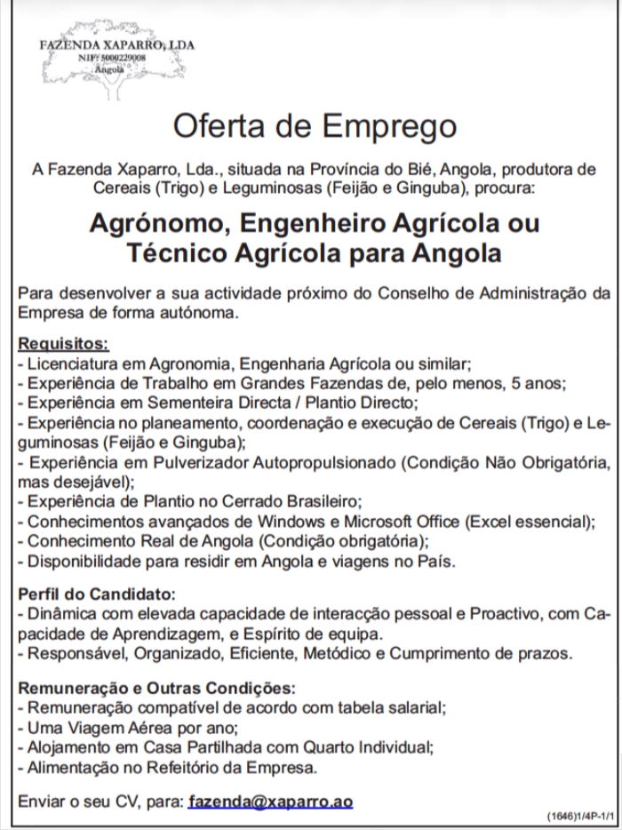 Oportunidade para Agrónomo, Engenheiro Agrícola ou Técnico Agrícola para Angola 