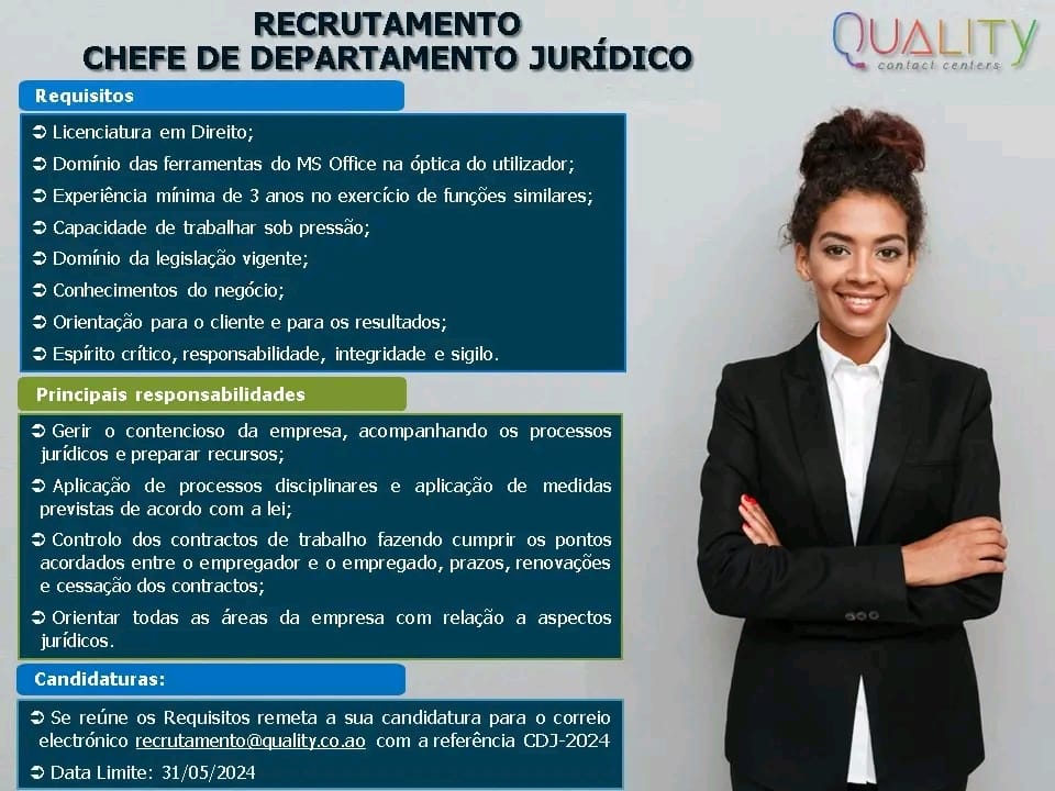 Vaga para Chefe de Departamento Jurídico