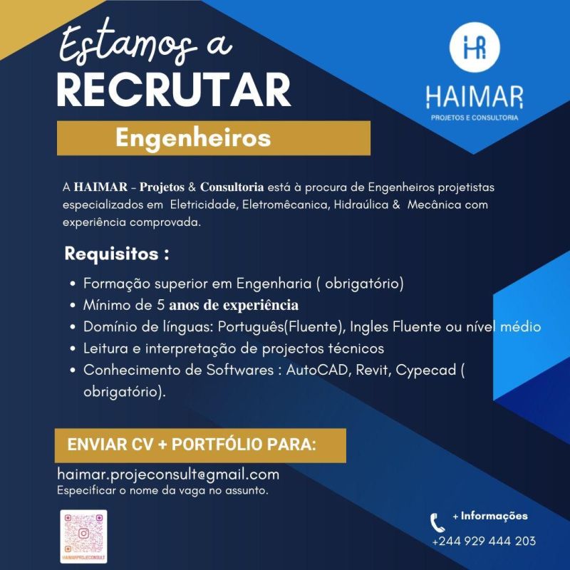 A 𝐇𝐀𝐈𝐌𝐀𝐑 – 𝐏𝐫𝐨𝐣𝐞𝐭𝐨𝐬 & 𝐂𝐨𝐧𝐬𝐮𝐥𝐭𝐨𝐫𝐢𝐚 está à procura de Engenheiros projetistas especializados em Eletricidade, Eletromêcanica, Hidraúlica & Mecânica
