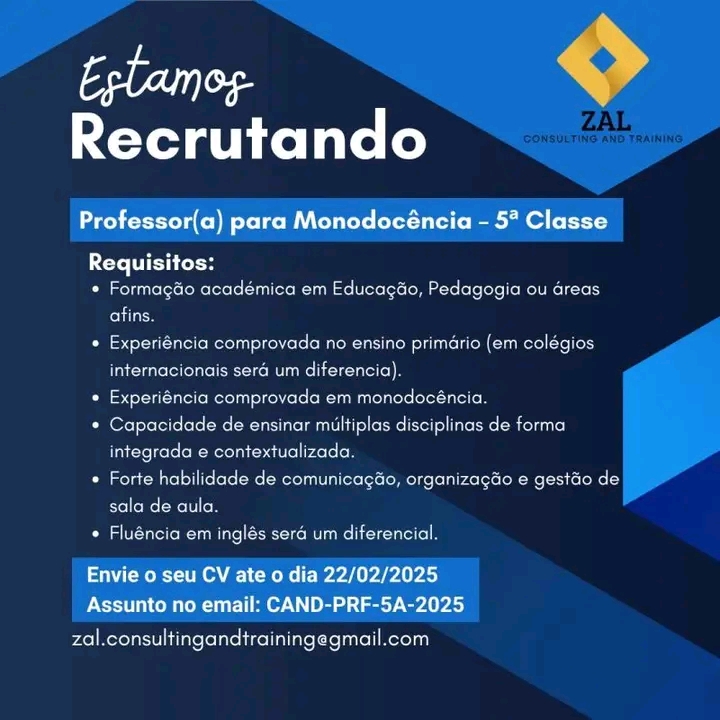 Vaga para um(a) Professor(a) de Monodocência para a 5ª Classe