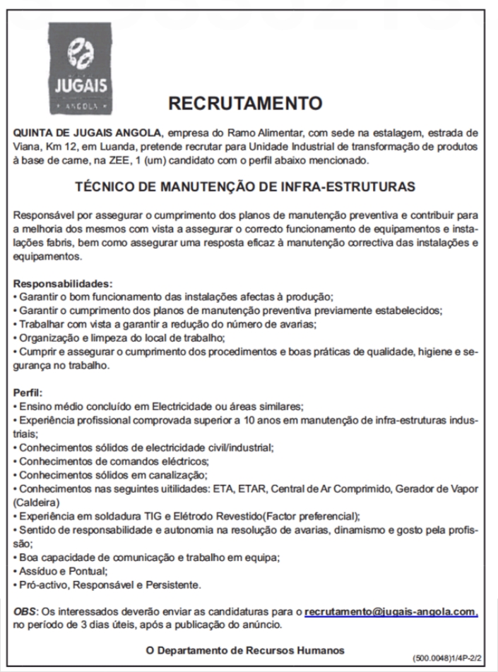 OPORTUNIDADE PARA UM (1) TÉCNICO DE MANUTENÇÃO DE INFRA-ESTRUTURAS 
