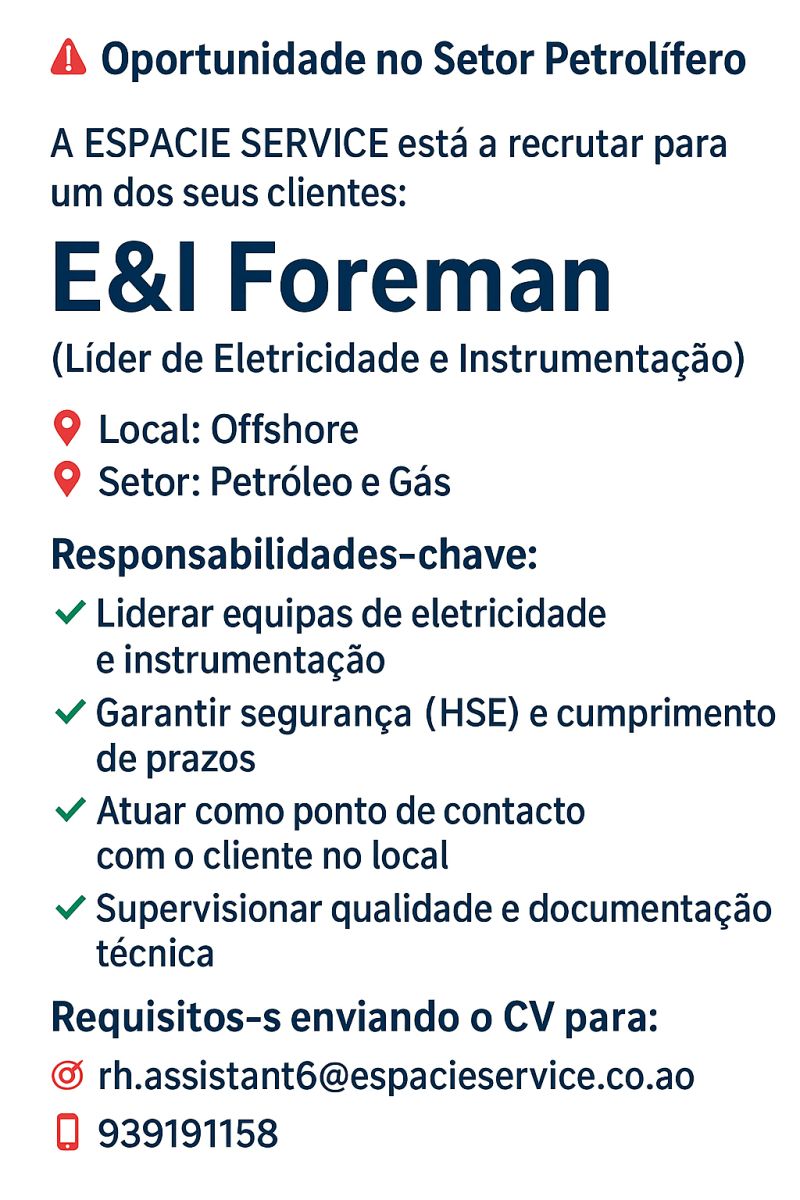 Vaga para E&I Foreman (Líder de Eletricidade e Instrumentação)