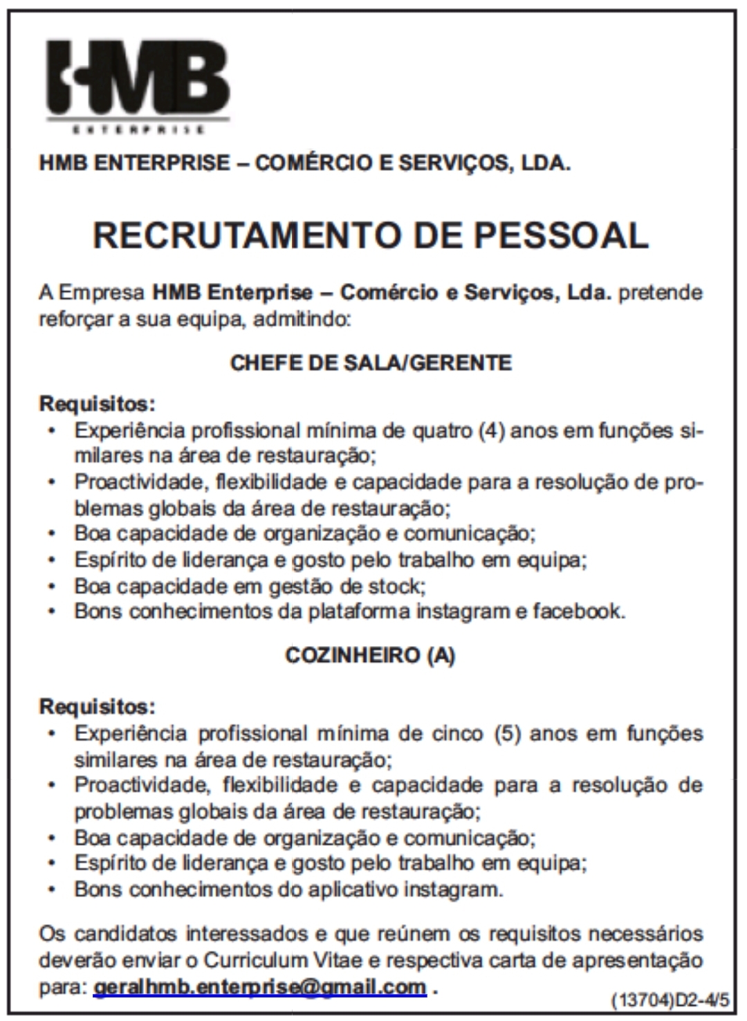 RECRUTAMENTO DE COZINHEIRO(A) E CHEFE DE SALA/GERENTE