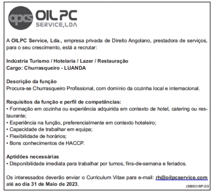 Oportunidade de emprego na OILPC Service- Lda