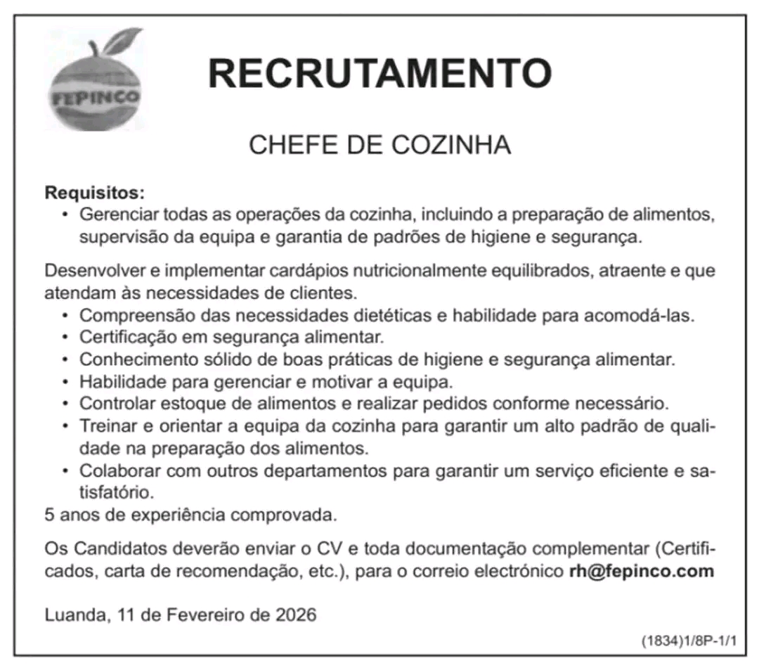 A FEPINCO ESTÁ A RECRUTAR ​CHEFE DE COZINHA