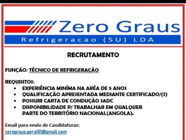 VAGA PARA TÉCNICO DE REFRIGERAÇÃO