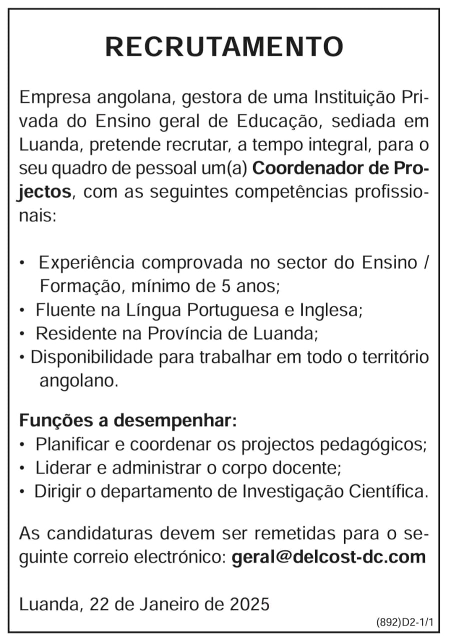 Vaga para um(a) Coordenador de Projectos