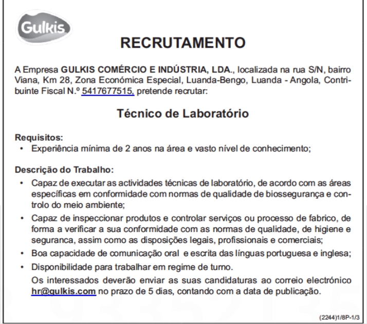 Vaga para Técnico de Laboratório