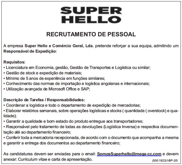 VAGA PARA RESPONSÁVEL DE EXPEDIÇÃO