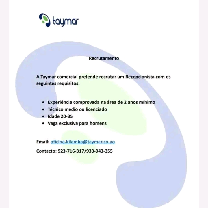 Vaga para (1) Recepcionista