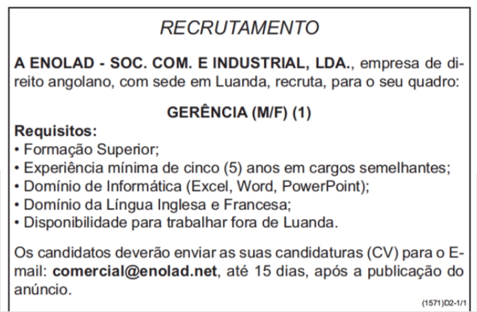 UMA (1) VAGA DISPONÍVEL NA ÁREA DE GERÊNCIA (M/F) 