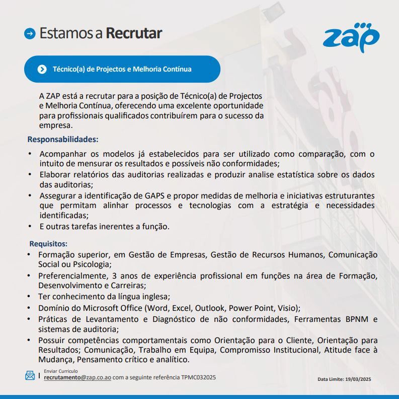 Vaga para Técnico(a) de Projectos e Melhoria Contínua