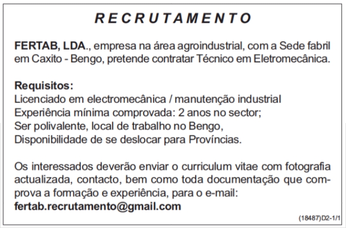 Vaga para Técnico em Eletromecânica