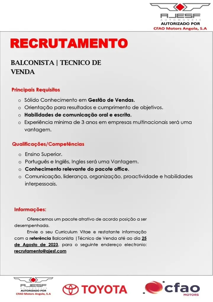 VAGA PARA BALCONISTA / TÉCNICO DE VENDA 