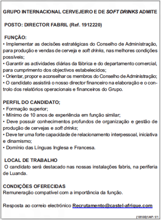 VAGA PARA DIRECTOR FABRIL (Ref. 1912220) 