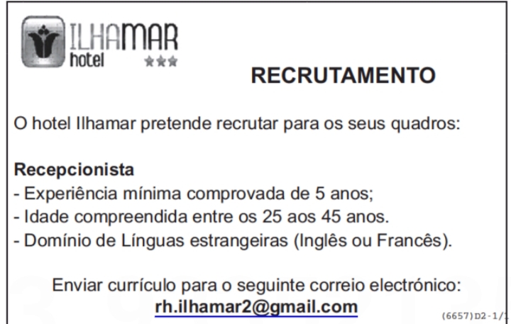 VAGA PARA RECEPCIONISTA 