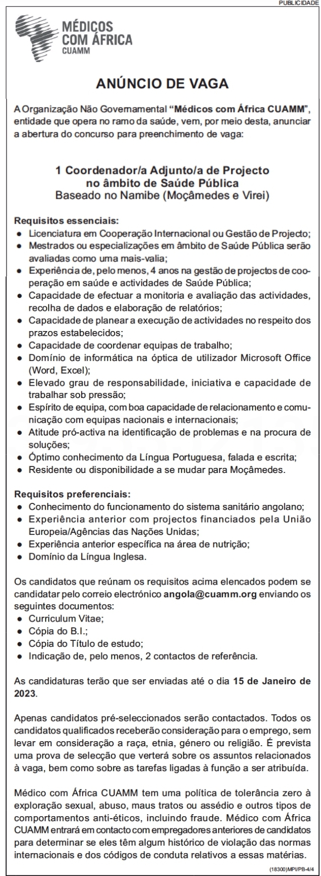 Vaga para (1) 1 Coordenador/a Adjunto/a de Projecto no âmbito de Saúde Pública 